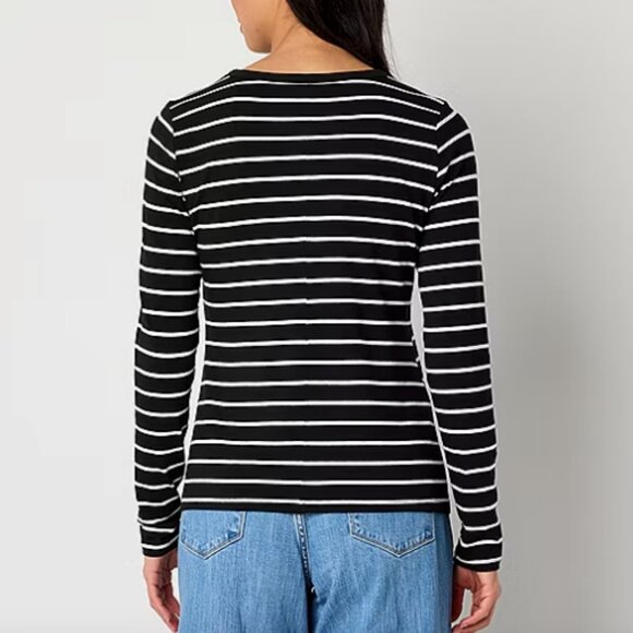 a.n.a Womens Crew Neck Long Sleeve T-Shirt , Stripe Black Sz M NWT - Picture 2 of 3